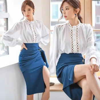 

Korean Style 2019 Autumn New High Quality Women Fashion Hollowing Out Splicing Shirt Top+Slimm Opening Fork Skirt Occupation Set