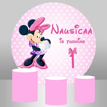 

Baby Shower Minnie Mouse Birthday Party Cake Table Backdrops Pink White Polka Dots Girls Circle Round Photography Background