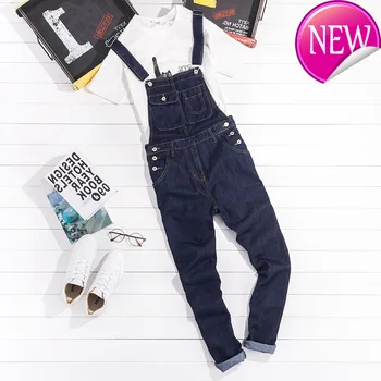 

dark blue Men's denim bib overalls Slim fit jeans Casual pocket cargo pants Suspenders jumpsuits