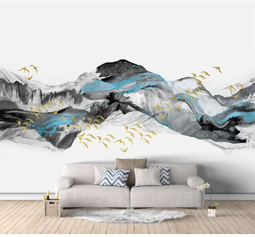

xuesu New Chinese style bird abstract blue landscape wallpaper sofa bedroom custom mural 8D waterproof wall cloth