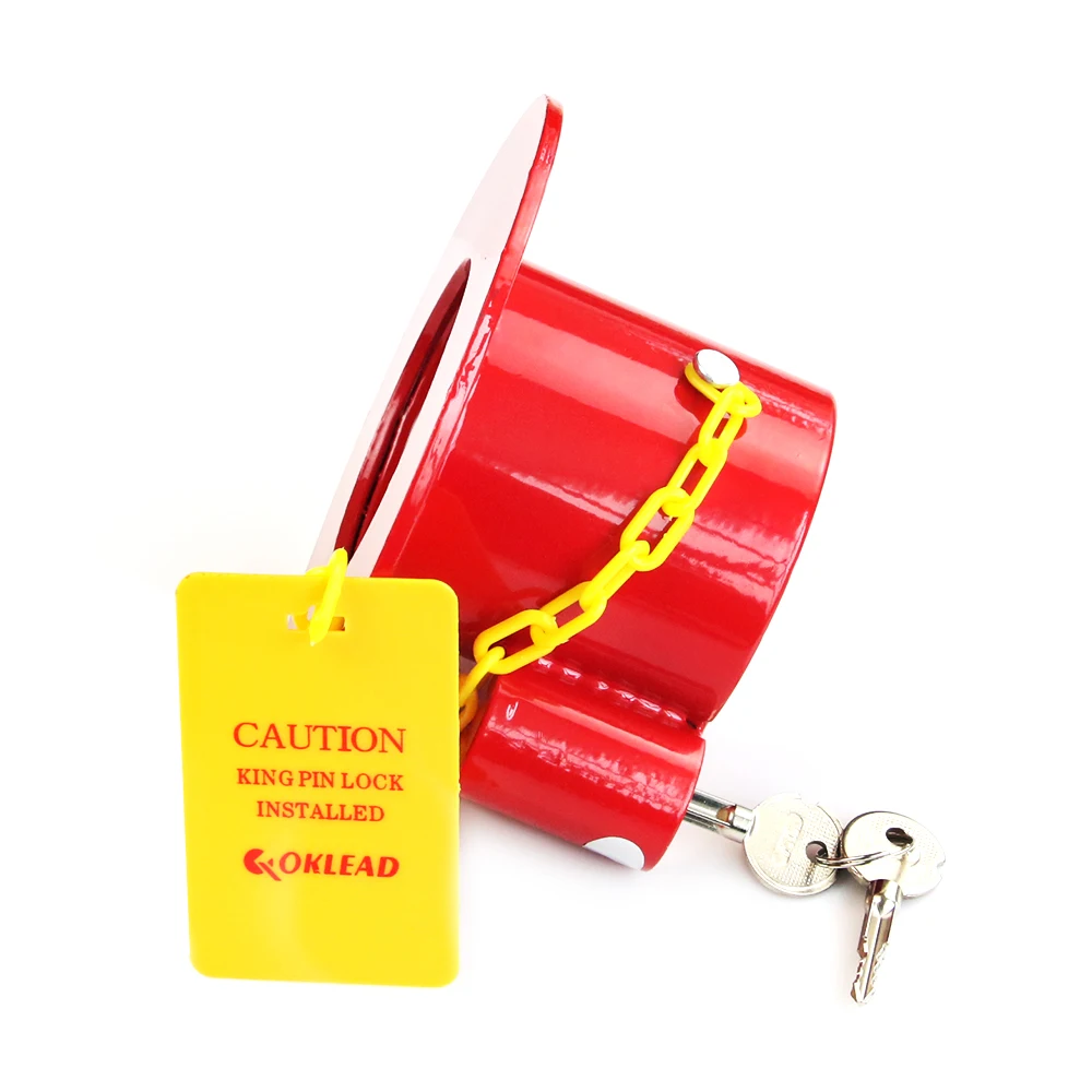 Heavy Duty Steel Kingpin Lock 5Th Wheel Trailer Lock King Pin Red Lock with Bright Yellow Caution Tag(Pin Φ 13mm