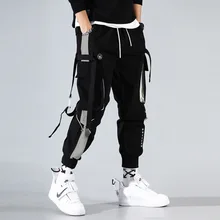 Fashion Men Ribbons Color Block Black Pocket Cargo Pants 2020 Harem Joggers Harajuku Sweatpant Hip Hop Trousers Sweatpants Men