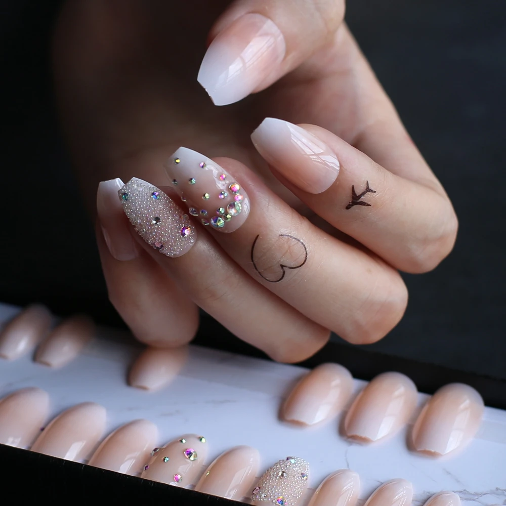 

Накладные ногти с эффектом омбре, накладные ногти с кристаллами в коробке, Короткие Детские накладные ногти с балетным гроб, Короткие накладные ногти стразы, дизайн, подарочная коробка