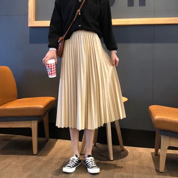

Spring Autumn Women Pleated Skirts Casual High Waist Student Faldas Saia Mujer Elegant High Waist A-line Black/Beige Skirt New