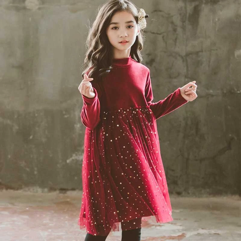 Платье для девочек; вечерние платья принцессы из флиса на Рождество; Цвет Красный; сезон осень-зима; детское платье с длинными рукавами; детское платье для маленьких девочек