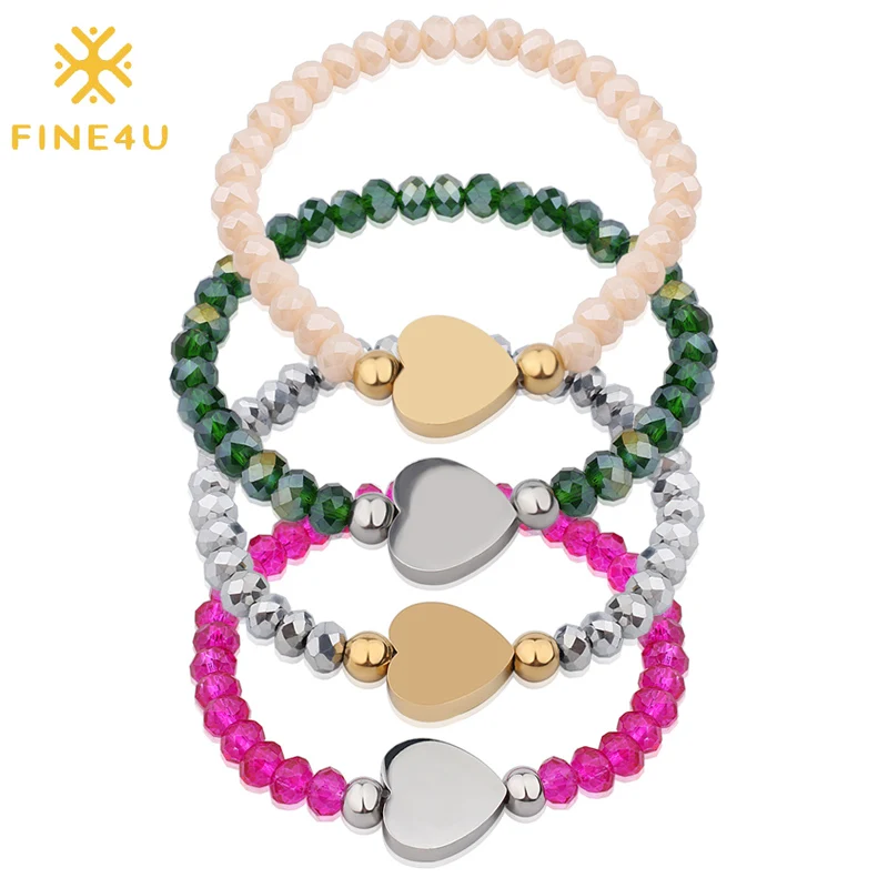 

FINE4U B196 Stainless Steel Heart Charm Bracelet For Men Women Stretch Faceted Glass Beads Bracelets