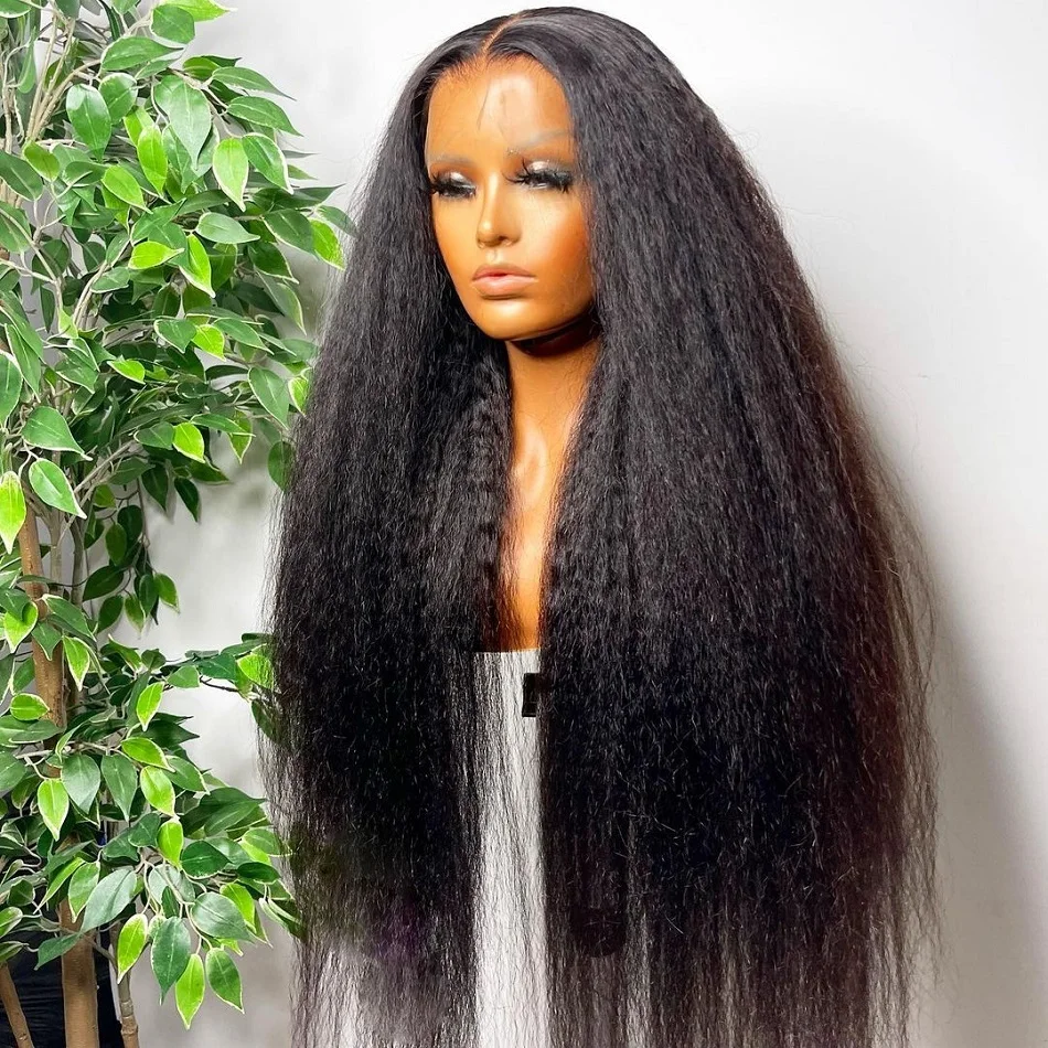Kinky Straight Wig 13x4 Lace Front Human Hair Wigs Brazilian Virgin Glueless For Woman Afro 180 Density | Шиньоны и парики