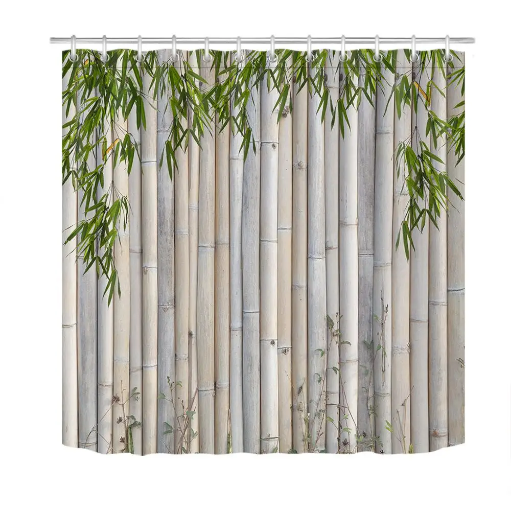 Green Bamboo Leaves Bamboo Raft Bathroom Shower Curtains Non-slip Mat Waterproof Polyester Fabric Bath Curtain Home Decoration - Цвет: YL19705