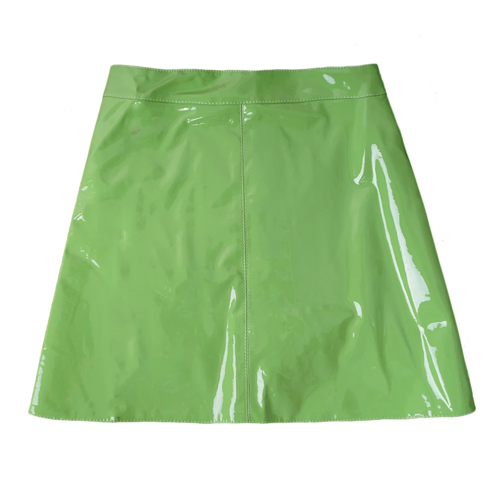 green She'sModa яркие из искусственной кожи женские вечерние прямые мини-юбки трапециевидной формы - Цвет: green