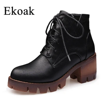 

Ekoak New Fashion Spring Boots Women Shoes Lace-Up Leather Motorcycle Ankle Boots High Heels Platform Shoes Woman