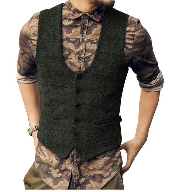 Army Green Мужской шерстяной твидовый приталенный хлопковый костюм для отдыха жилет джентльмен с узором в елочку жилет Бэкхэм бизнес коричневый Свадебный Жених - Цвет: Army Green