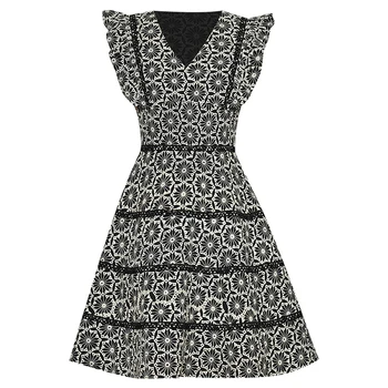 

Designer Women Summer 2020 V-neck Ruffle Embroidery Floral Black Mini Dress Summer Elegant Vestidos Robe Dresses