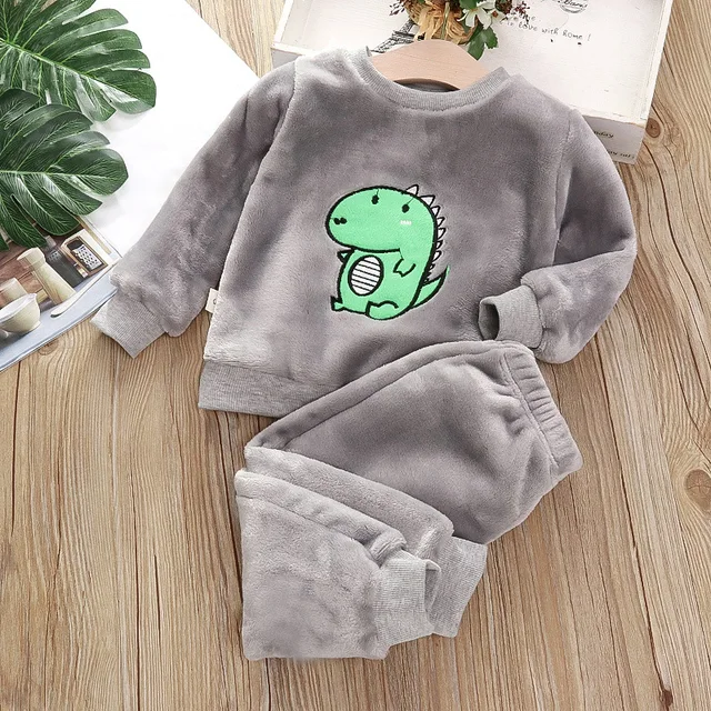 Infant Baby Clothing 2021 Autumn Winter Children Home Wear Pajamas For Girls Warm Cute Flannel Dinosaur Things Boys Casual Suits 3