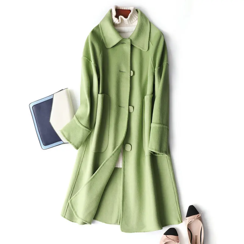 

Avocado Green Loose-Fit Double-Sided Cashmere Coat Women's 2019 Autumn And Winter New Style Mid-length Wool Coat Peter Pan Colla