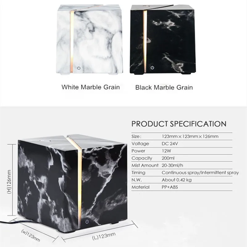 200ml Air Humidifier Marble Grain Ultrasonic Aromatherapy Essential Oil Diffuser LED Light For Home Bedroom