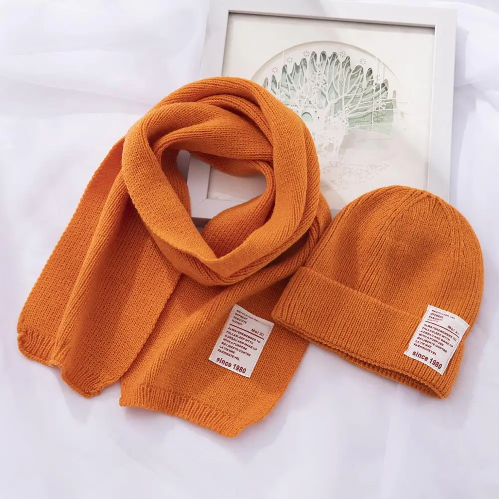 orange Осень-зима, вязаный шерстяной детский шарф, шапка, комплект, толстый теплый детский шарф для девочки, шапка для мальчика - Цвет: orange