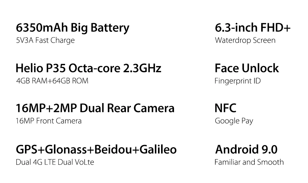 Ulefone power 6 4G Глобальный смартфон NFC Helio P35 Face ID Android 9,0 4 Гб+ 64 Гб быстрая зарядка Восьмиядерный 6350 мАч 6," мобильный телефон