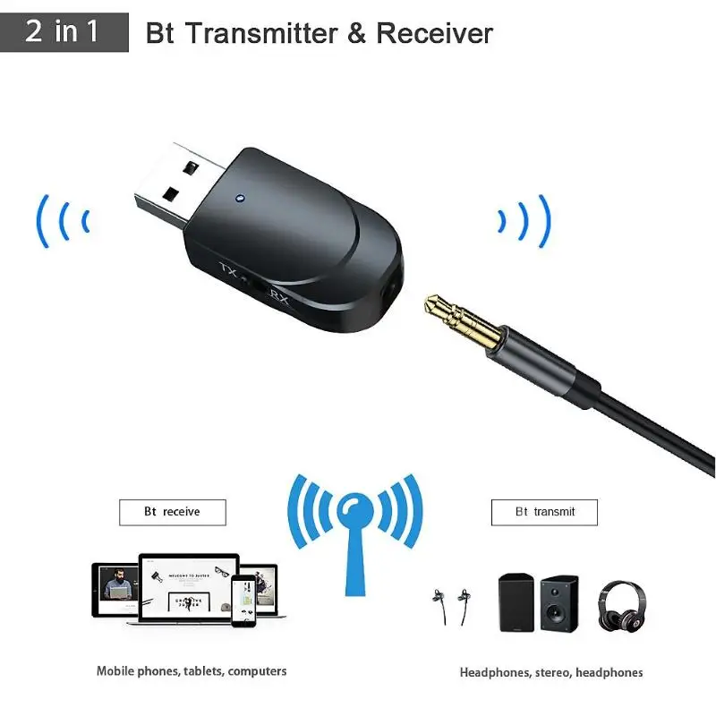 2-в-1 Bluetooth 5,0 Zender на гнев USB AUX 3,5 мм стерео Музыка Аудио KN330 беспроводной адаптер с мужской naar мужской аудио