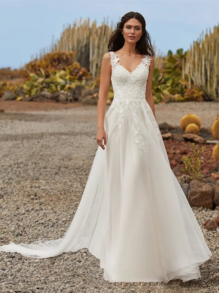 tea length wedding dress Bohemian Simple A Line Wedding Dresses 2021 V Neck Sleeveless Lace Applique Sweep Train For Women Weeding Gowns Sashes Custom second hand wedding dresses