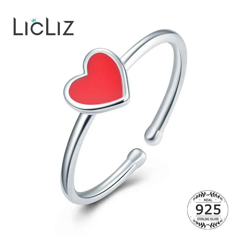 

LicLiz 2019 925 Sterling Silver Red Heart Cuff Rings for Women Open Adjustable Silver 925 Jewelry Anillos Bijoux Femme LR0755