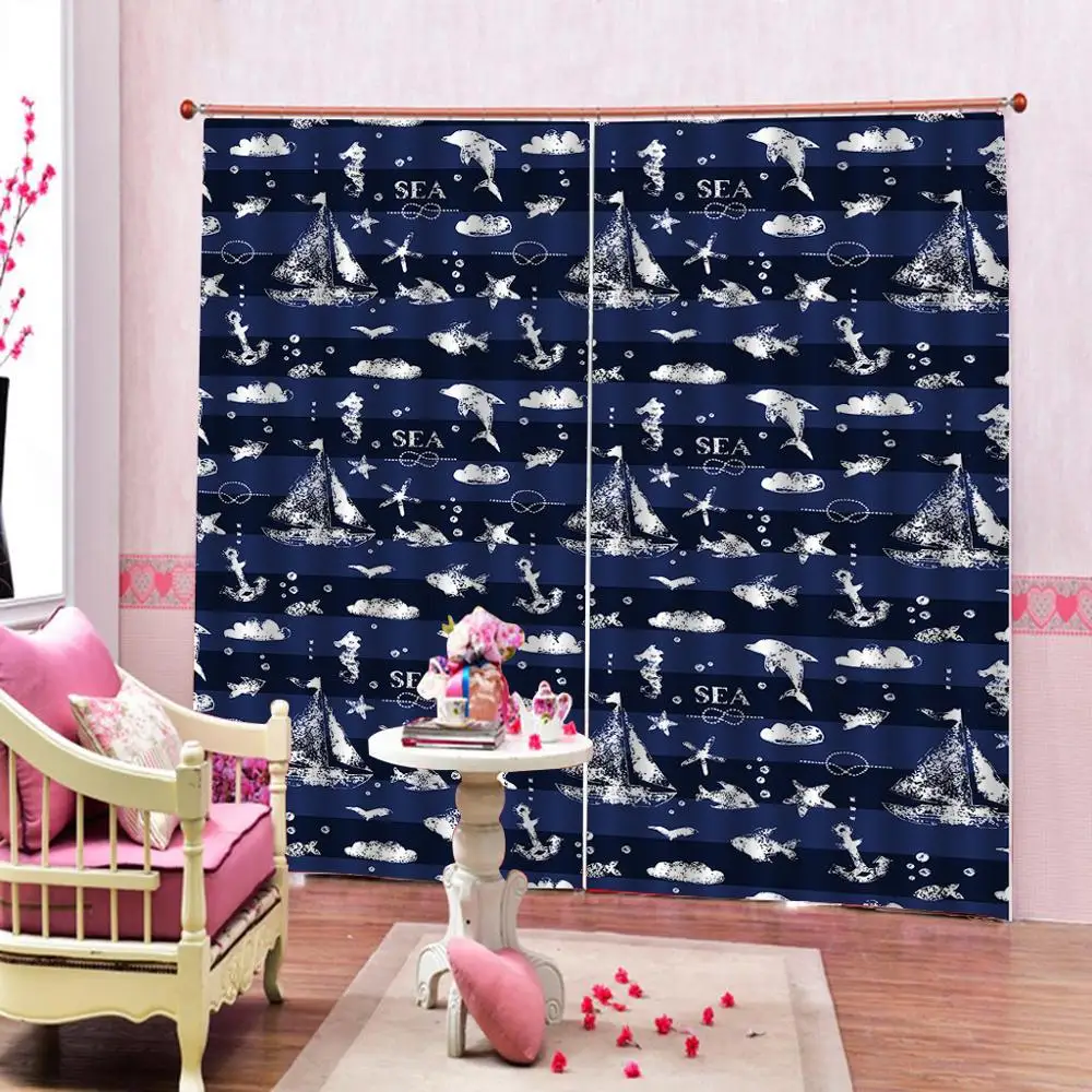 Dark blue striped background Design Curtains With dolphin Anchor sailboat Starfish Geometric Window Drapes For Living room | Дом и сад