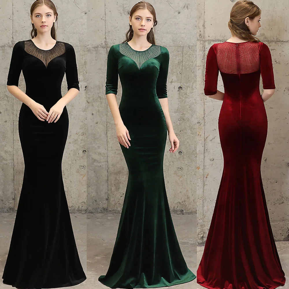 Sexy v Neck half sleeve diamonds velvet Maxi Dress Floor Length Stretchy Bodycon long Evening Party green Burgundy Black |