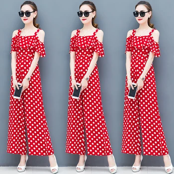 

2020 summer women's fashion chiffon off-the-shoulder jumpsuits female vintage dot printing wide-legged pants jumpsuits