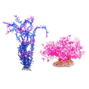 

2 Pcs Plants: 1 Pcs Aquatic Dwarf Plastic Ornament Hot Pink White & 1 Pcs 18 Inch Purple Fish Tank Plant Grass Decor