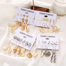 Винтажные элегантные металлические серьги в виде ракушки звезда Конч набор Дамская Сережка-гвоздик ювелирная и Подвеска Серьги-капельки Pendientes de moda