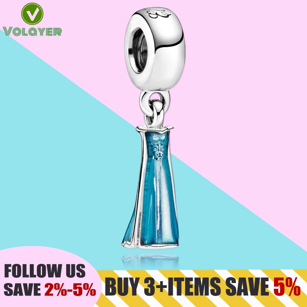 

Hot Sale 925 Sterling Silver Beads Diseny Elsa's Blue Dress Dangle Charm fit Original Pandora Bracelets Women DIY Jewelry Making