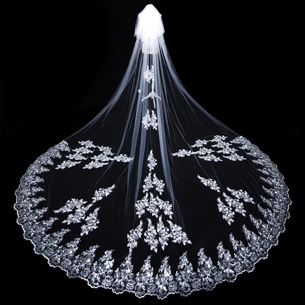 

Long Appliques Wedding Veil Long 2T Cathedral Lace Hem Bridal Veils with Comb Wedding Veil 3M Width Cover Face Veil