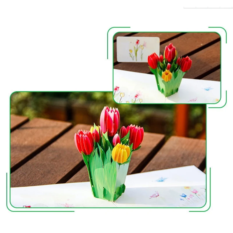 3D Pop Up Tulips Flowers Greeting Card Christmas Birthday New Year Invitation