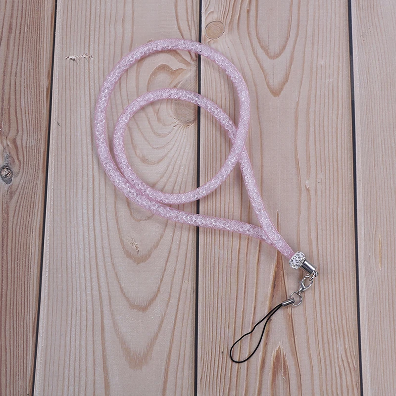1pc Crystal Lanyard Necklace Strap Lanyard U Disk ID Work Card Mobile Phone Straps Keychain Phone Hanging Rope Pink
