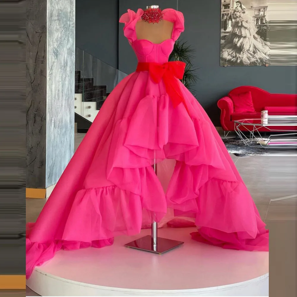 Organza Hot Pink Prom Dresses With Sash 