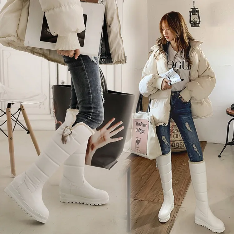 US4-11 Womens Round Toe Bowknot Beads Decor Knee High Thigh Boots Platform Wedge Heel Snow Warm Winter Shoes Plus Size 3Colors