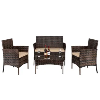 

2pcs Arm Chairs 1pc Love Seat & Tempered Glass Coffee Table Rattan Sofa Set Brown Gradient