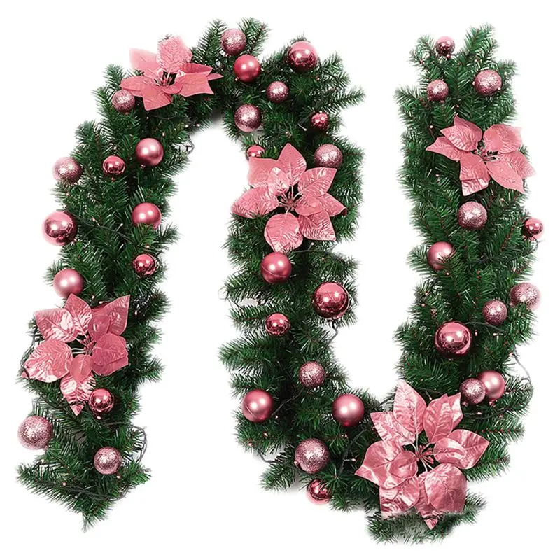 Pink 02 2,7 м искусственная Рождественская зеленая Гирлянда Венок висячий орнамент Блестящий с поддельными цветами шары Рождественские ёлки Свадебный декор - Цвет: Pink 02