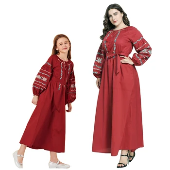 

Mother Daughter Family Matching Long Dress Big Girl and Mom Floral Embroidery Maxi Dresses Lantern Full Sleeve Tassel Drawstring