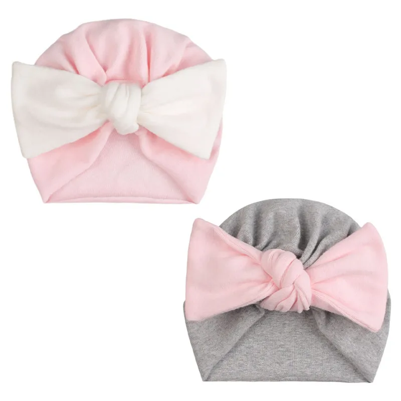 Бант для маленьких девочек, шапочка, однотонная хлопковая Больничная шапка для новорожденных девочек, легкая дышащая удобная Кепка с черепом, защищающая голову - Цвет: Pink Gray Set B