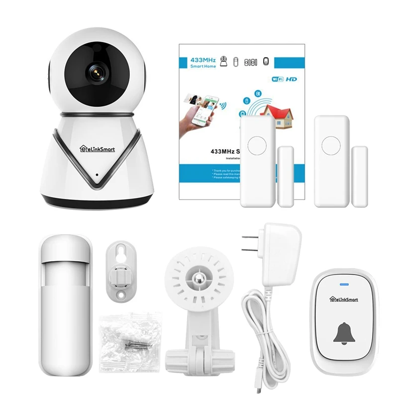 

Wifi Camera Kit Home Security Pan Tilt Camera System With 2 Pack Door/Window Sensors And Pir Detector Wireless Doorbell Night-Vi