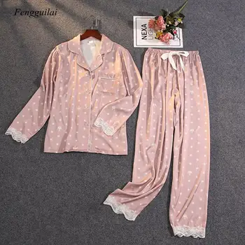 

Women's Summer Two-Piece Suit Pajamas Ice Silk Satin Thin Outwear Print Lace Pyjamas