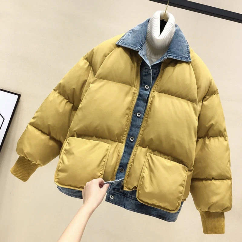 Одежда с имитацией двух частей, Лоскутная парка, однобортная джинсовая, зимняя куртка для женщин, теплое плотное пальто, короткое модное 13011