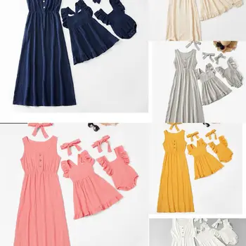 

Family Matching Dresses Fashion Summer Mother & Daughter Ruffles Dress Baby girl Jumpsuit Dress Bow Hair Band 2PS Party Clothes