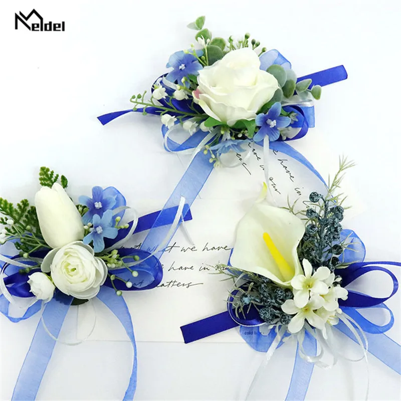 White Roses Blue Ribbon Wrist Corsage Wedding Boutonnieres Tulip Bracelet Flowers Groom Man Suit Buttonhole Brooch Pins Marriage groom wedding boutonniere wrist corsage brooch flowers purple white rose lapel pin men buttonhole guests marriage accessories