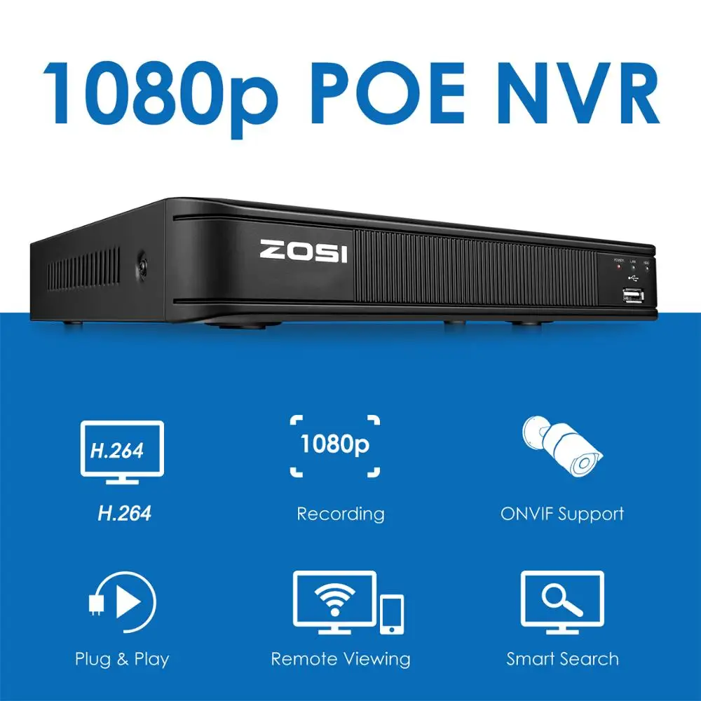 ZOSI 8CH H.264 H.265 1080P POE CCTV System NVR Kit 4PCS 2MP Waterlproof Bullet Outdoor IP Camera P2P Onvif Security