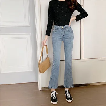

2020 New Arrive Flare Jeans Woman High Waist Light Blue Color Elastic Denim Pants for Woman Korean Chic Fashion Casual Jean Lady