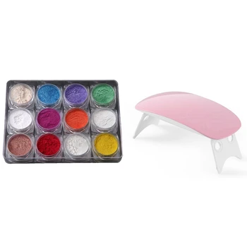 

12Boxes/Set 12 Colors Holographic Nail Powder Nail Manicure for Nails Art Chrome Pigment & 1x 6 W UV/LED Lamp
