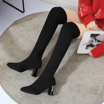 

Knee High boots Women Winter Boots 2018 Keep Warm Shoe Pointed-Toe Flat Elastic Socks Over Tthe Knee Martin Boot botte femme