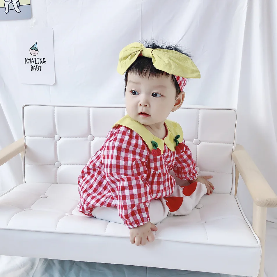 Autumn Infants Little Children Climbing Clothes Newborn Baby Plaid Doll Collar Cherry Cotton Jumpsuit with Bow Knot Headband Top