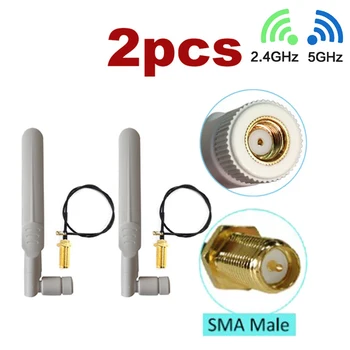 

2pcs 8dBi 2.4GHz 5GHz Dual Band WiFi RP-SMA Antenna With Extension PCI-E Cable IPEX Cables Have Bulkhead Gold Plated Connector